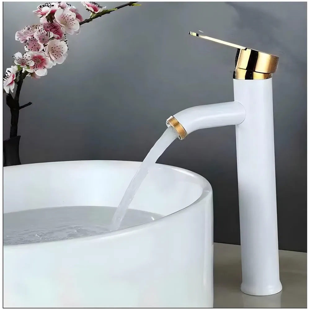White Gold Tall Faucet Single Lever Basin Mixer Waterfall Short Black, for Bathroom Washbasins Toilets 12 Inches Height.