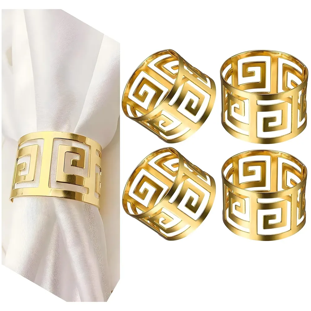 4 Pack Gold Napkin Rings, Hollow Out Metal Napkin Ring Set, Gold Napkin Holder Table Decorations, 1.77 inch Napkin Ring Buckles for Homes Restaurants Guest Wedding Party