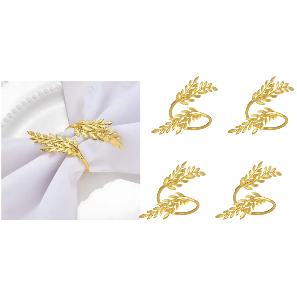 4 Pack Gold Napkin Rings, Golden Leaf Hollow Out Metal Napkin Ring Set, Gold Napkin Holder Table Decorations, 1.77 inch Napkin Ring Buckles for Homes Restaurants Guest Wedding Party