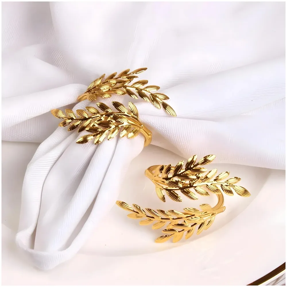 4 Pack Gold Napkin Rings, Golden Leaf Hollow Out Metal Napkin Ring Set, Gold Napkin Holder Table Decorations, 1.77 inch Napkin Ring Buckles for Homes Restaurants Guest Wedding Party - 2
