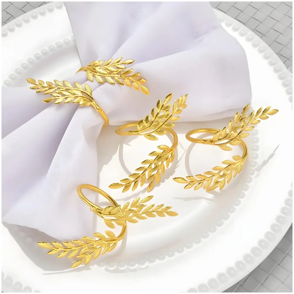 4 Pack Gold Napkin Rings, Golden Leaf Hollow Out Metal Napkin Ring Set, Gold Napkin Holder Table Decorations, 1.77 inch Napkin Ring Buckles for Homes Restaurants Guest Wedding Party - 9