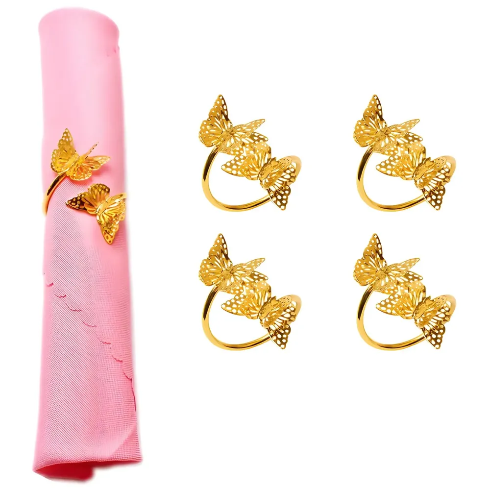 4 Pack Gold Napkin Rings Golden Butterfly Hollow Out Metal Napkin Ring Set, Gold Napkin Holder Table Decorations, 1.77 inch Napkin Ring Buckles for Homes Restaurants Guest Wedding Party