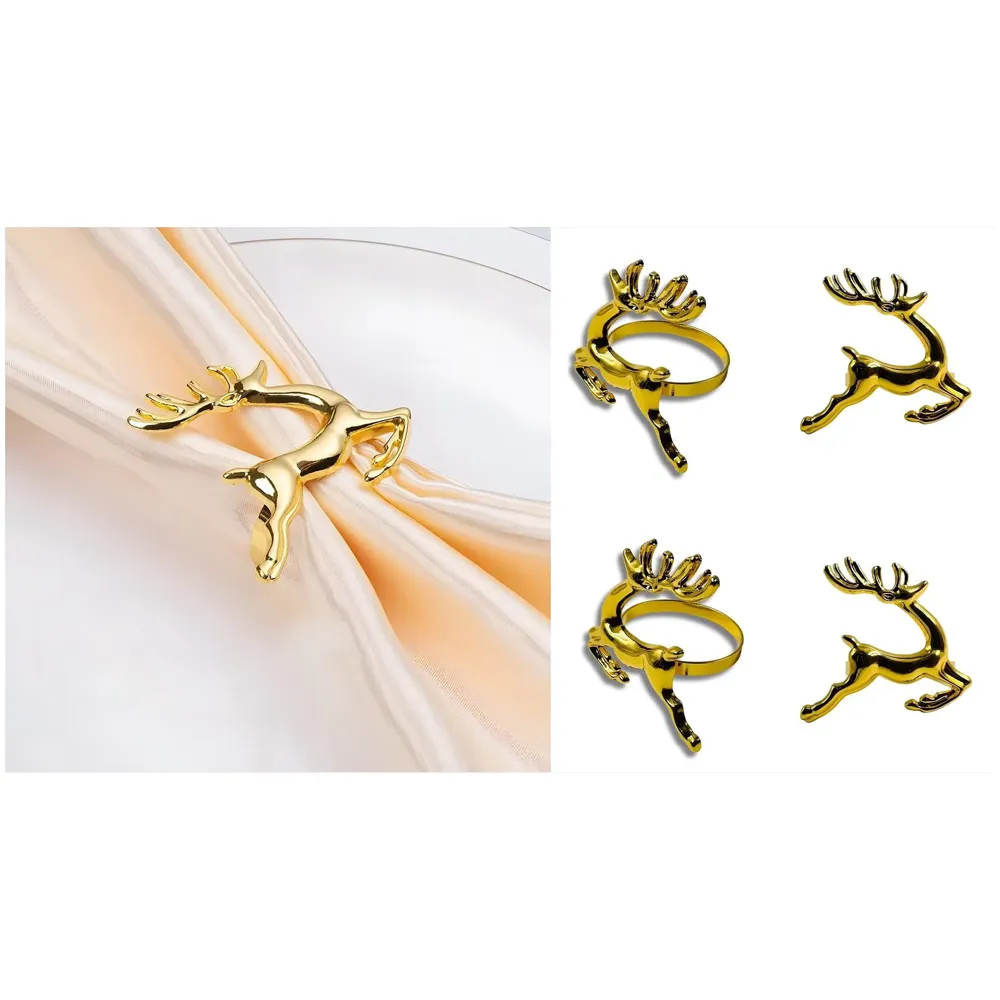 4 Pack Gold Napkin Rings Golden Deer Hollow Out Metal Napkin Ring Set, Gold Napkin Holder Table Decorations, 1.77 inch Napkin Ring Buckles for Homes Restaurants Guest Wedding Party
