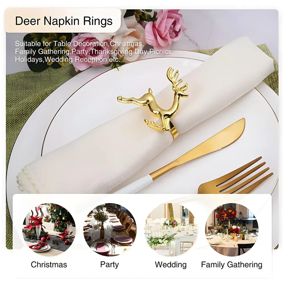 4 Pack Gold Napkin Rings Golden Deer Hollow Out Metal Napkin Ring Set, Gold Napkin Holder Table Decorations, 1.77 inch Napkin Ring Buckles for Homes Restaurants Guest Wedding Party