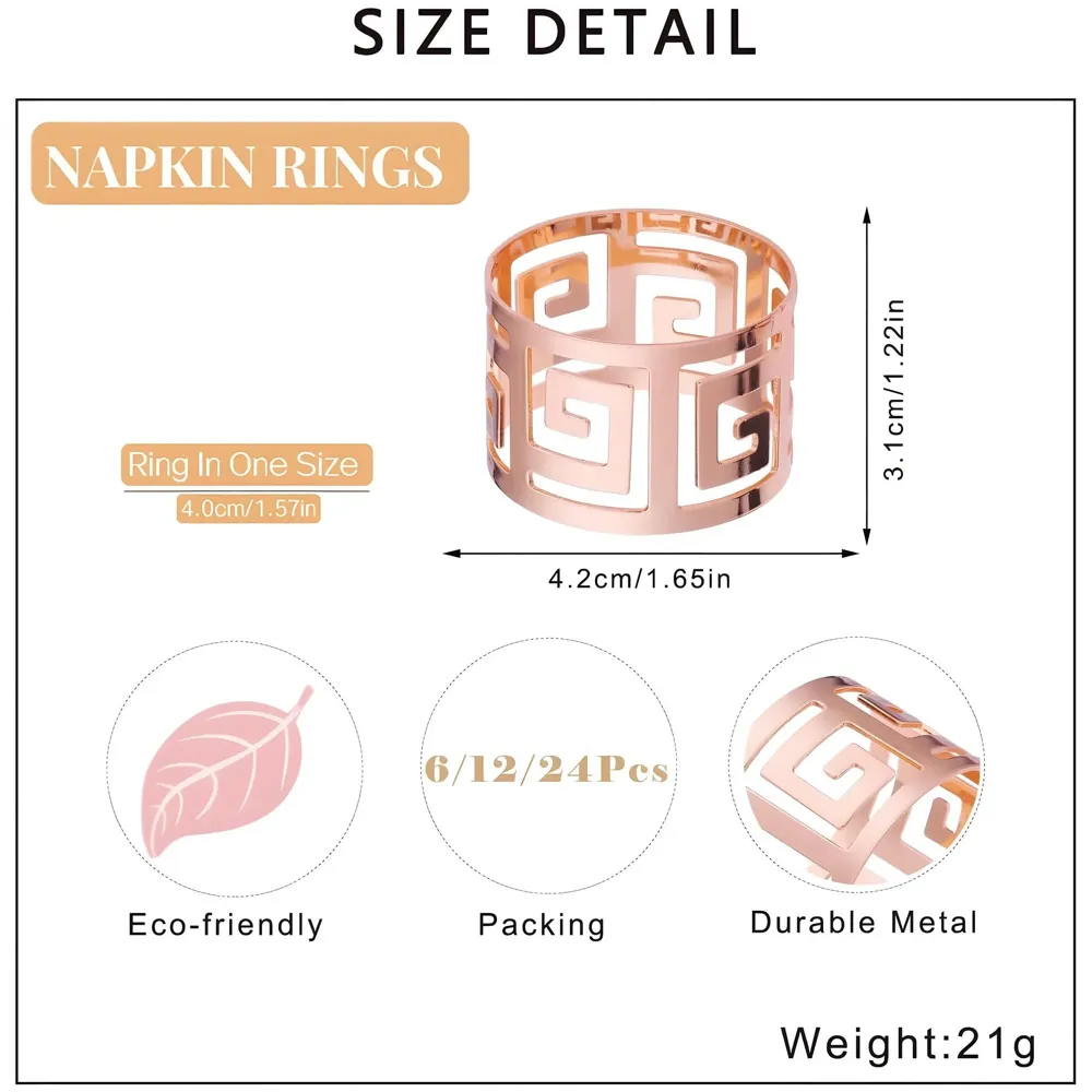 6 Pack Rose Gold Napkin Rings, Hollow Out Metal Napkin Ring Set, Napkin Holder Table Decorations, 1.77 inch Napkin Ring Buckles for Homes Restaurants Guest Wedding Party