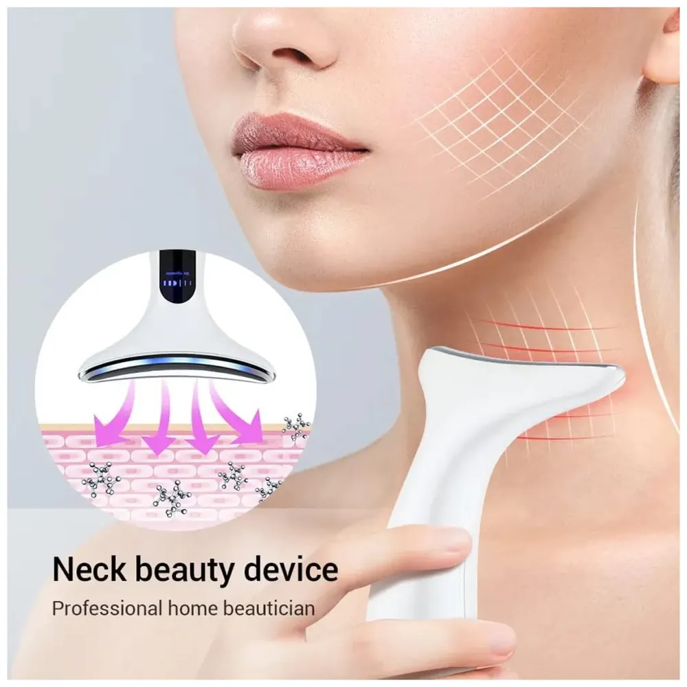 Neck Massager, EMS Microcurrent Vibration Anti Wrinkles Massager Skin Lifting Tightening Device, 3 Color LED Photon Therapy Beauty Device, Neck Care gua sha Double chin Reducer