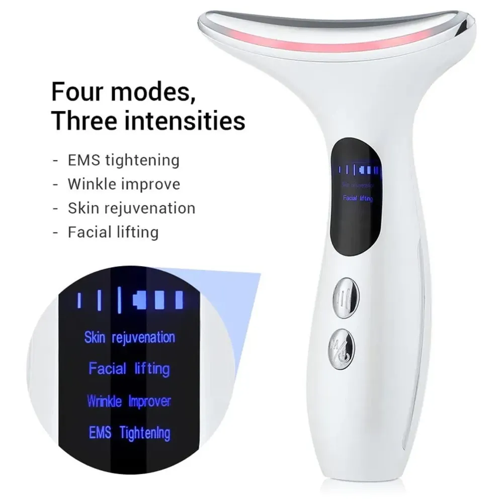 Neck Massager, EMS Microcurrent Vibration Anti Wrinkles Massager Skin Lifting Tightening Device, 3 Color LED Photon Therapy Beauty Device, Neck Care gua sha Double chin Reducer
