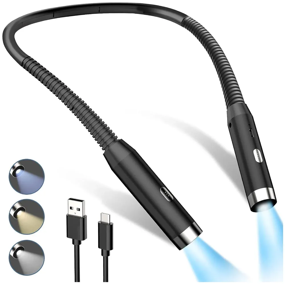 Neck Reading Light LED, 3 Colors, 6 Brightness Levels, Bendable Arms, Rechargeable, Long Lasting, Perfect for Reading, Knitting, Camping, Repairing