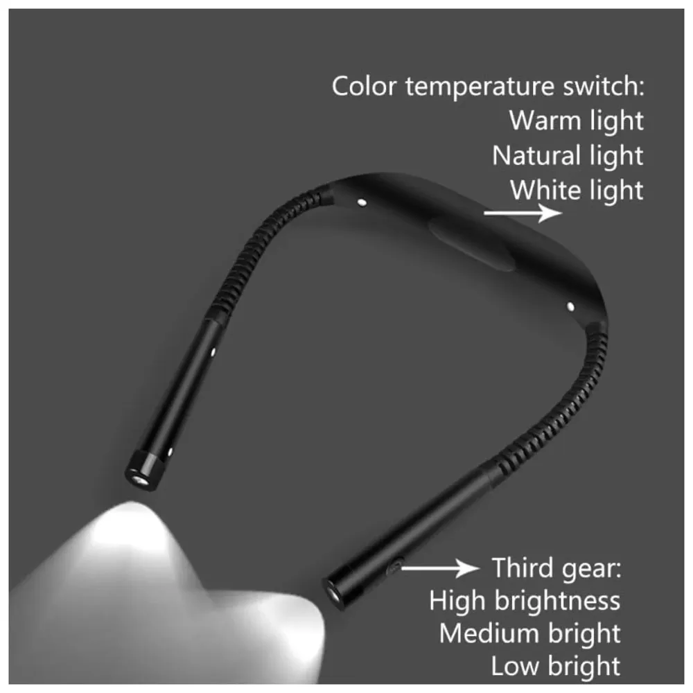 Neck Reading Light LED, 3 Colors, 6 Brightness Levels, Bendable Arms, Rechargeable, Long Lasting, Perfect for Reading, Knitting, Camping, Repairing
