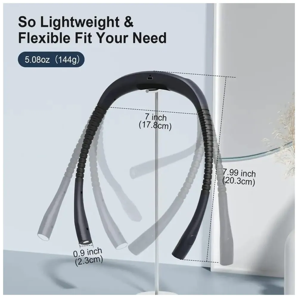 Neck Reading Light LED, 3 Colors, 6 Brightness Levels, Bendable Arms, Rechargeable, Long Lasting, Perfect for Reading, Knitting, Camping, Repairing