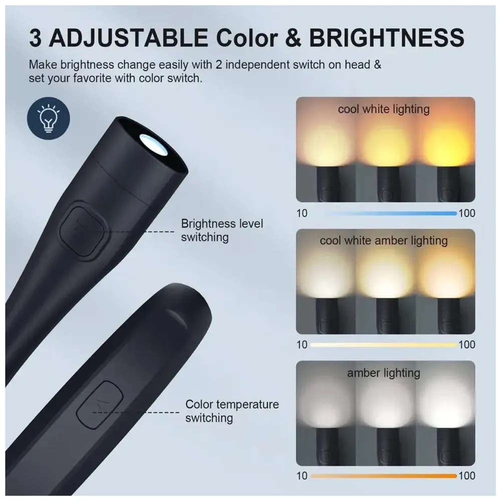 Neck Reading Light LED, 3 Colors, 6 Brightness Levels, Bendable Arms, Rechargeable, Long Lasting, Perfect for Reading, Knitting, Camping, Repairing