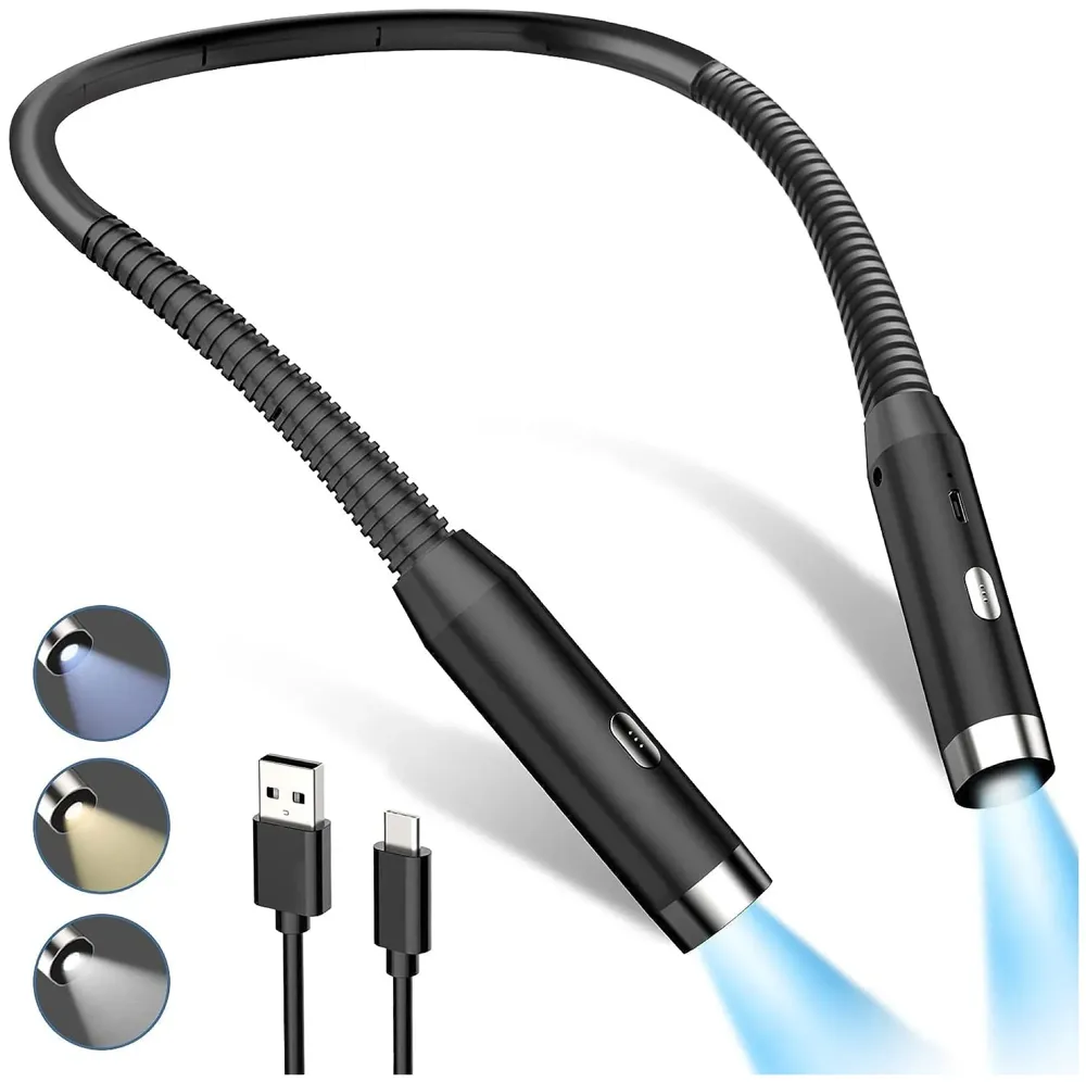 Neck Reading Light LED, 3 Colors, 6 Brightness Levels, Bendable Arms, Rechargeable, Long Lasting, Perfect for Reading, Knitting, Camping, Repairing