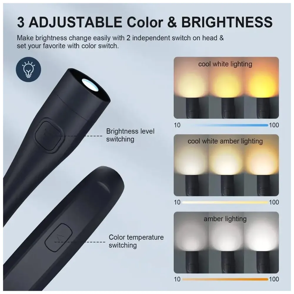 Neck Reading Light LED, 3 Colors, 6 Brightness Levels, Bendable Arms, Rechargeable, Long Lasting, Perfect for Reading, Knitting, Camping, Repairing