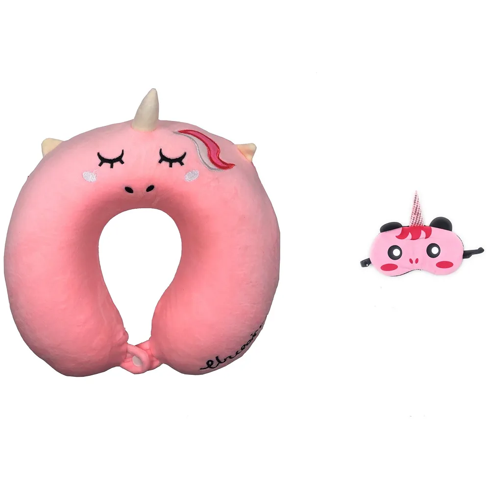 Memory Foam Travel Pillow Eye Mask Combo Pink Unicorn Washable Premium