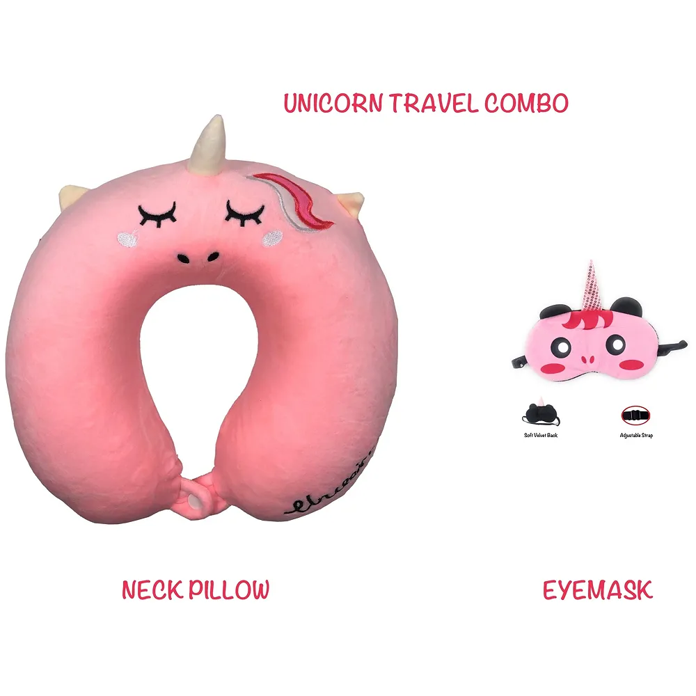 Memory Foam Travel Pillow Eye Mask Combo Pink Unicorn Washable Premium