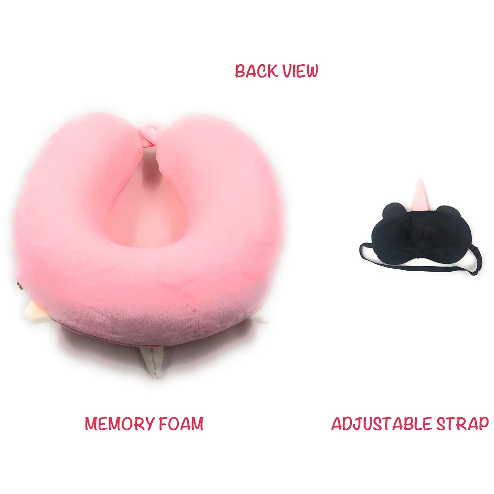 Memory Foam Travel Pillow Eye Mask Combo Pink Unicorn Washable Premium