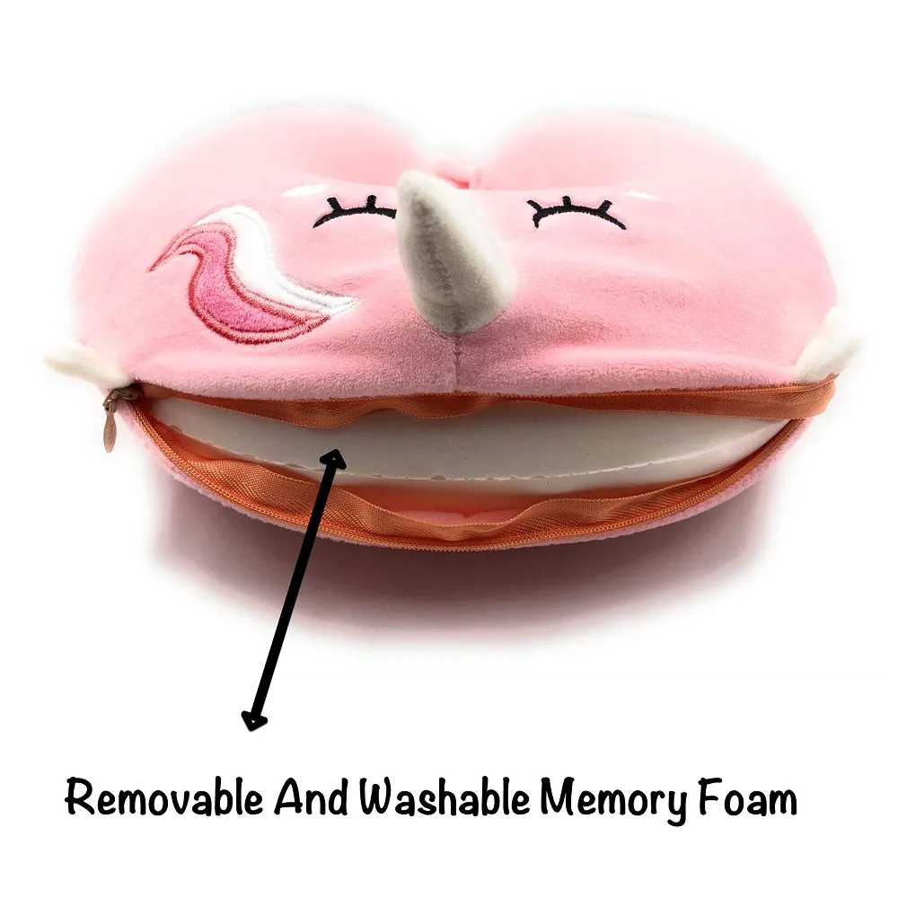 Memory Foam Travel Pillow Eye Mask Combo Pink Unicorn Washable Premium