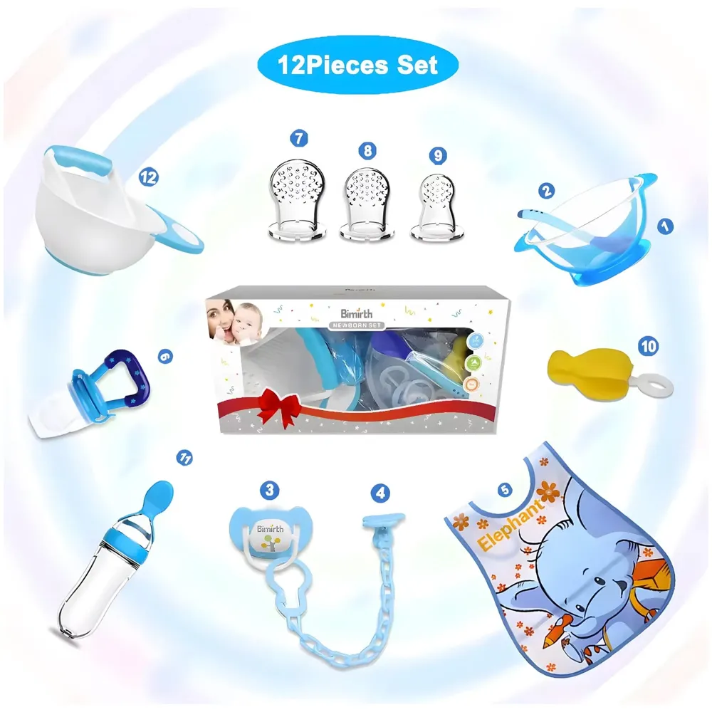 Baby Feeding Set, 12 Pieces, New Born Tableware Set, Fruit Teat, Baby Bowl with Suction Cup, Baby Spoon, Baby Food Dispenser Spoon, Bib Baby, Grinding Bowl for Children Complete Kit Blue - 8
