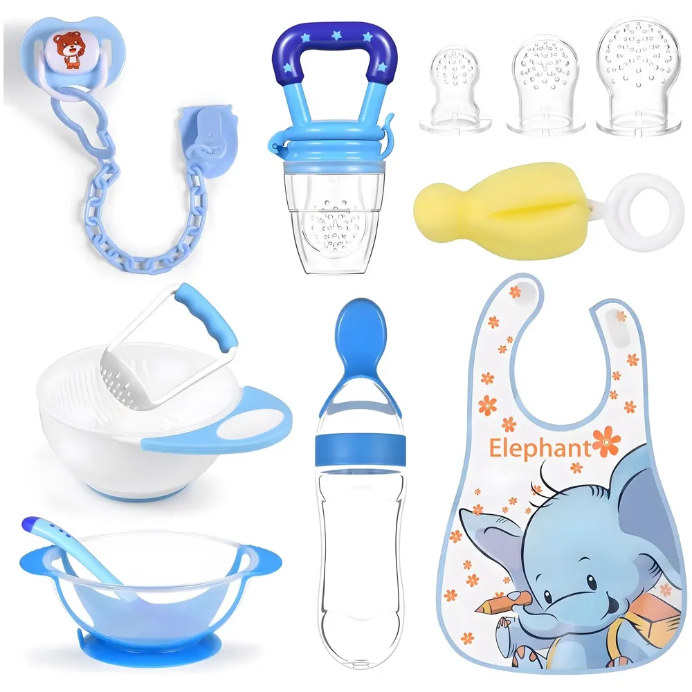 Baby Feeding Set, 12 Pieces, New Born Tableware Set, Fruit Teat, Baby Bowl with Suction Cup, Baby Spoon, Baby Food Dispenser Spoon, Bib Baby, Grinding Bowl for Children Complete Kit Blue