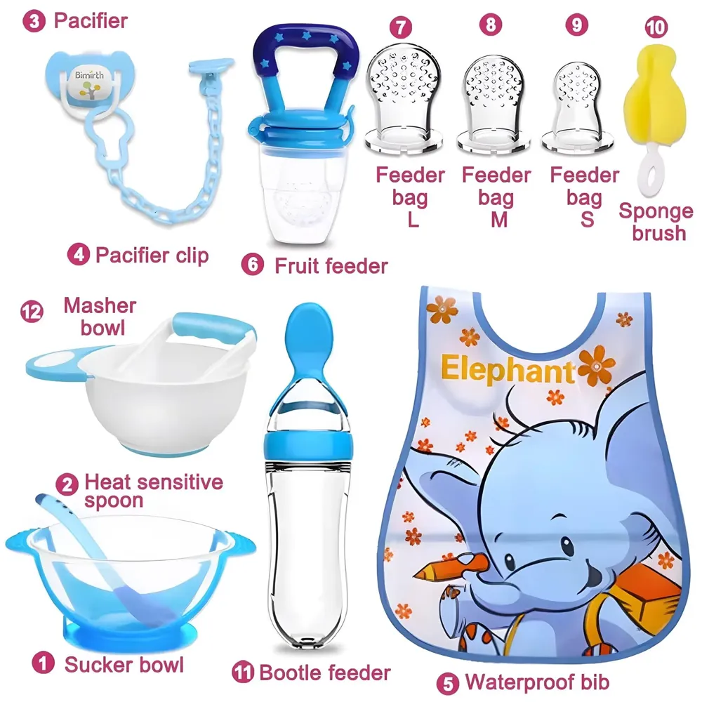 Baby Feeding Set, 12 Pieces, New Born Tableware Set, Fruit Teat, Baby Bowl with Suction Cup, Baby Spoon, Baby Food Dispenser Spoon, Bib Baby, Grinding Bowl for Children Complete Kit Blue