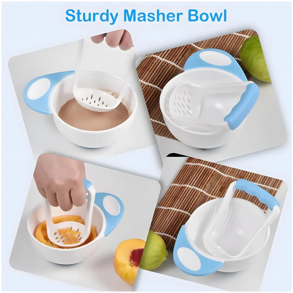 Baby Feeding Set, 12 Pieces, New Born Tableware Set, Fruit Teat, Baby Bowl with Suction Cup, Baby Spoon, Baby Food Dispenser Spoon, Bib Baby, Grinding Bowl for Children Complete Kit Blue