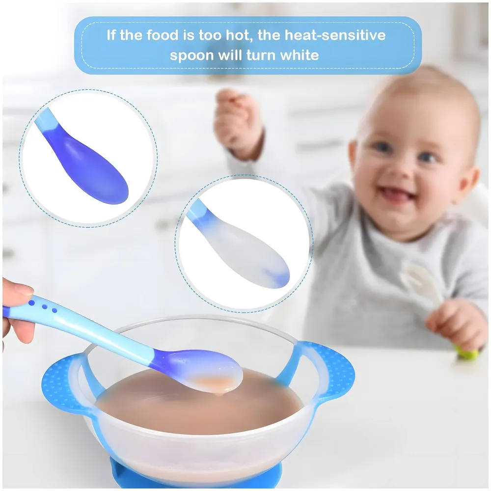 Baby Feeding Set, 12 Pieces, New Born Tableware Set, Fruit Teat, Baby Bowl with Suction Cup, Baby Spoon, Baby Food Dispenser Spoon, Bib Baby, Grinding Bowl for Children Complete Kit Blue