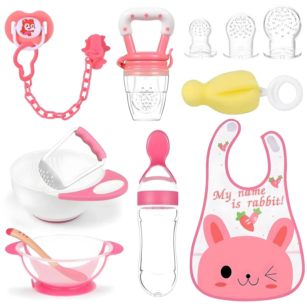 Baby Feeding Set, 12 Pieces, New Born Tableware Set, Fruit Teat, Baby Bowl with Suction Cup, Baby Spoon, Baby Food Dispenser Spoon, Bib Baby, Grinding Bowl for Children Complete Kit Pink
