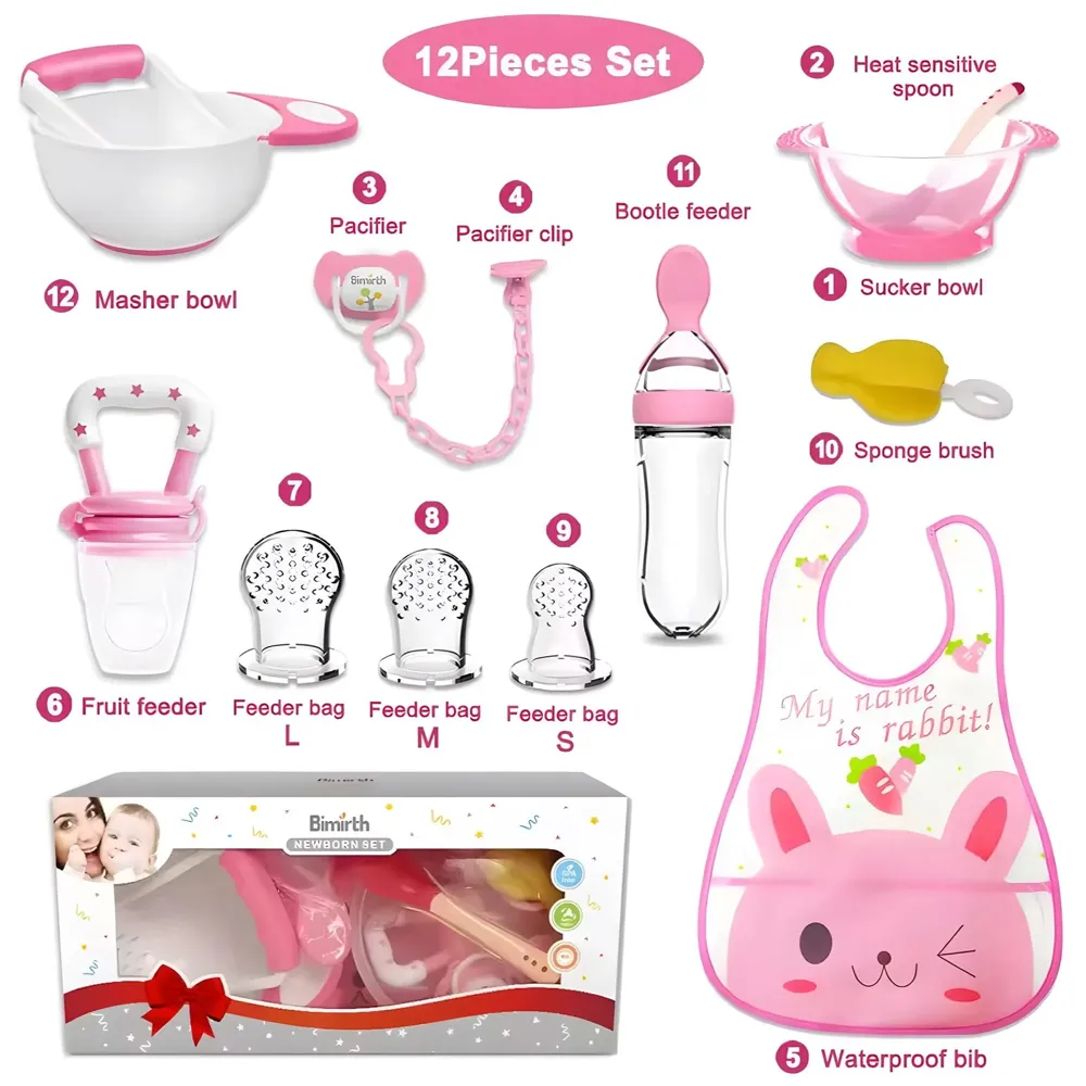 Baby Feeding Set, 12 Pieces, New Born Tableware Set, Fruit Teat, Baby Bowl with Suction Cup, Baby Spoon, Baby Food Dispenser Spoon, Bib Baby, Grinding Bowl for Children Complete Kit Pink - 2