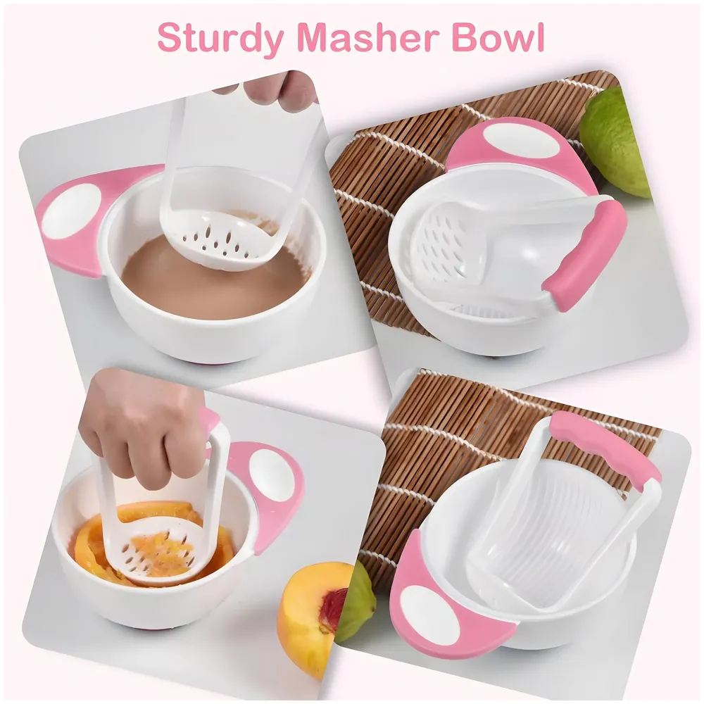 Baby Feeding Set, 12 Pieces, New Born Tableware Set, Fruit Teat, Baby Bowl with Suction Cup, Baby Spoon, Baby Food Dispenser Spoon, Bib Baby, Grinding Bowl for Children Complete Kit Pink - 6