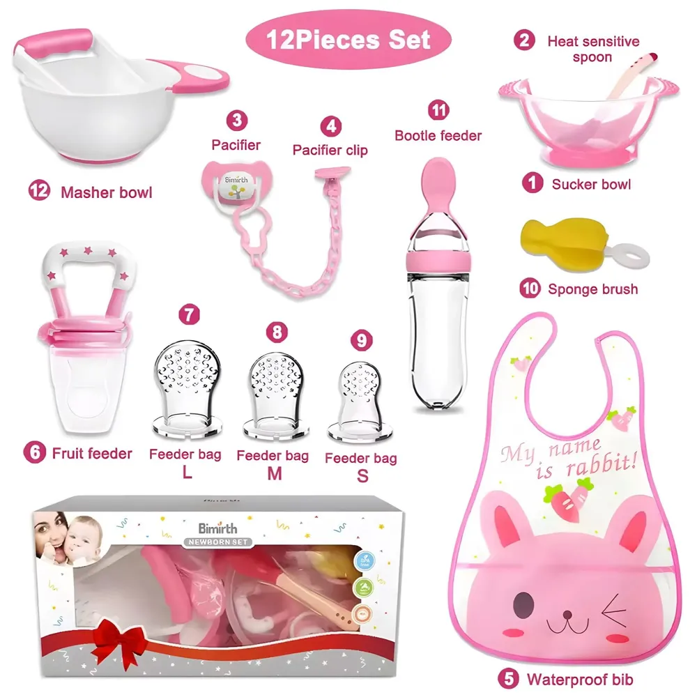 Baby Feeding Set, 12 Pieces, New Born Tableware Set, Fruit Teat, Baby Bowl with Suction Cup, Baby Spoon, Baby Food Dispenser Spoon, Bib Baby, Grinding Bowl for Children Complete Kit Pink