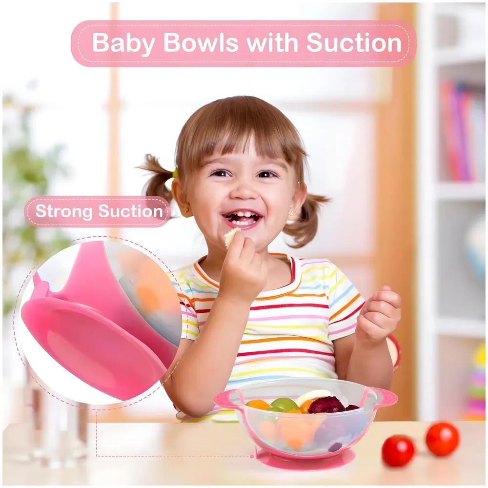 Baby Feeding Set, 12 Pieces, New Born Tableware Set, Fruit Teat, Baby Bowl with Suction Cup, Baby Spoon, Baby Food Dispenser Spoon, Bib Baby, Grinding Bowl for Children Complete Kit Pink