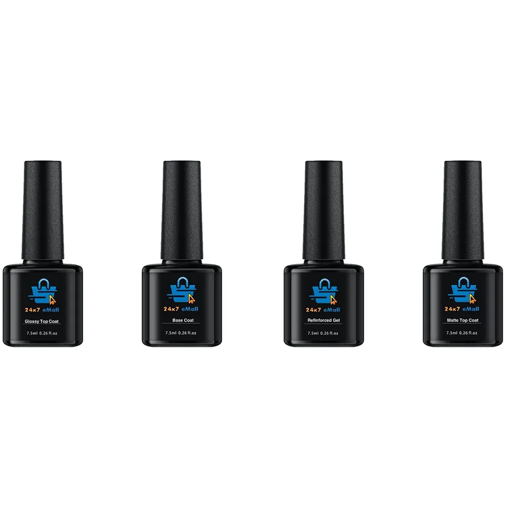 Combo of 4 - Reinforced Gel, Glossy Top Coat, Base Coat And Matte Top Coat For UV Nail Gel Polish Application - 1 Bottle 7.5 ML, Essentials For Uv Nail Gel Polish