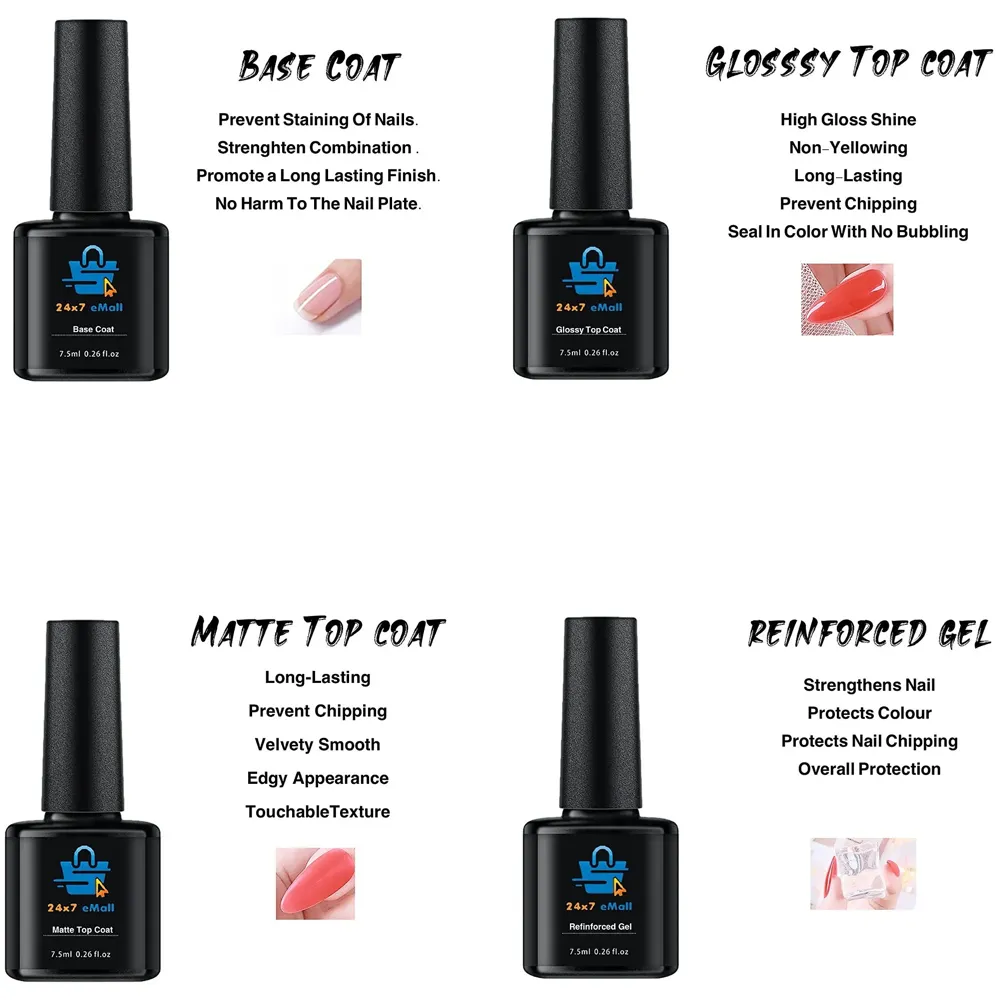 Combo of 4 - Reinforced Gel, Glossy Top Coat, Base Coat And Matte Top Coat For UV Nail Gel Polish Application - 1 Bottle 7.5 ML, Essentials For Uv Nail Gel Polish