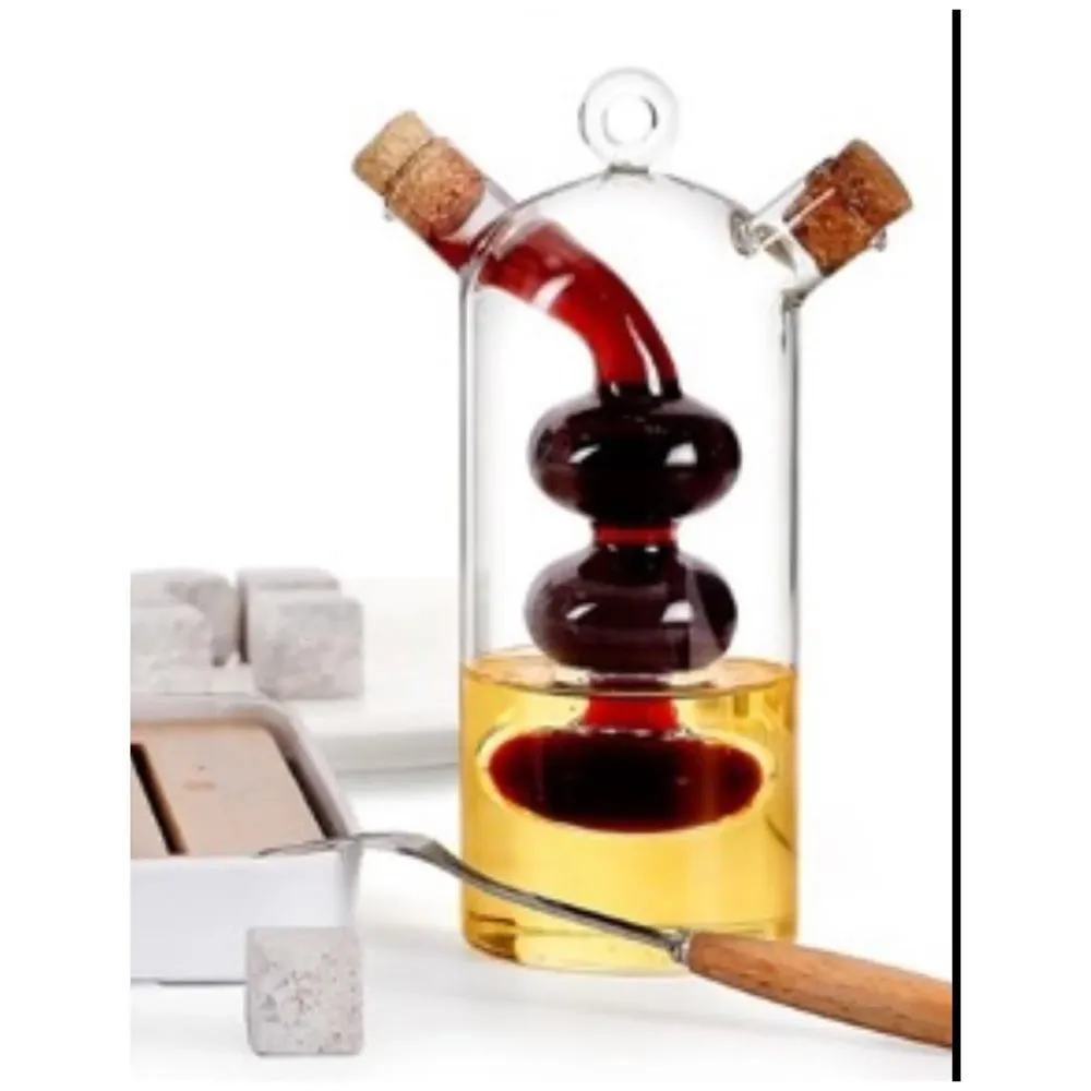 Oil and Vinegar Cruet Set Dispenser Set, 2-In-1 Double Layer Glass Olive Oil Bottle with Cork Stoppers, Pourer Spout Stoppers Oil Cruet Jar for Cooking