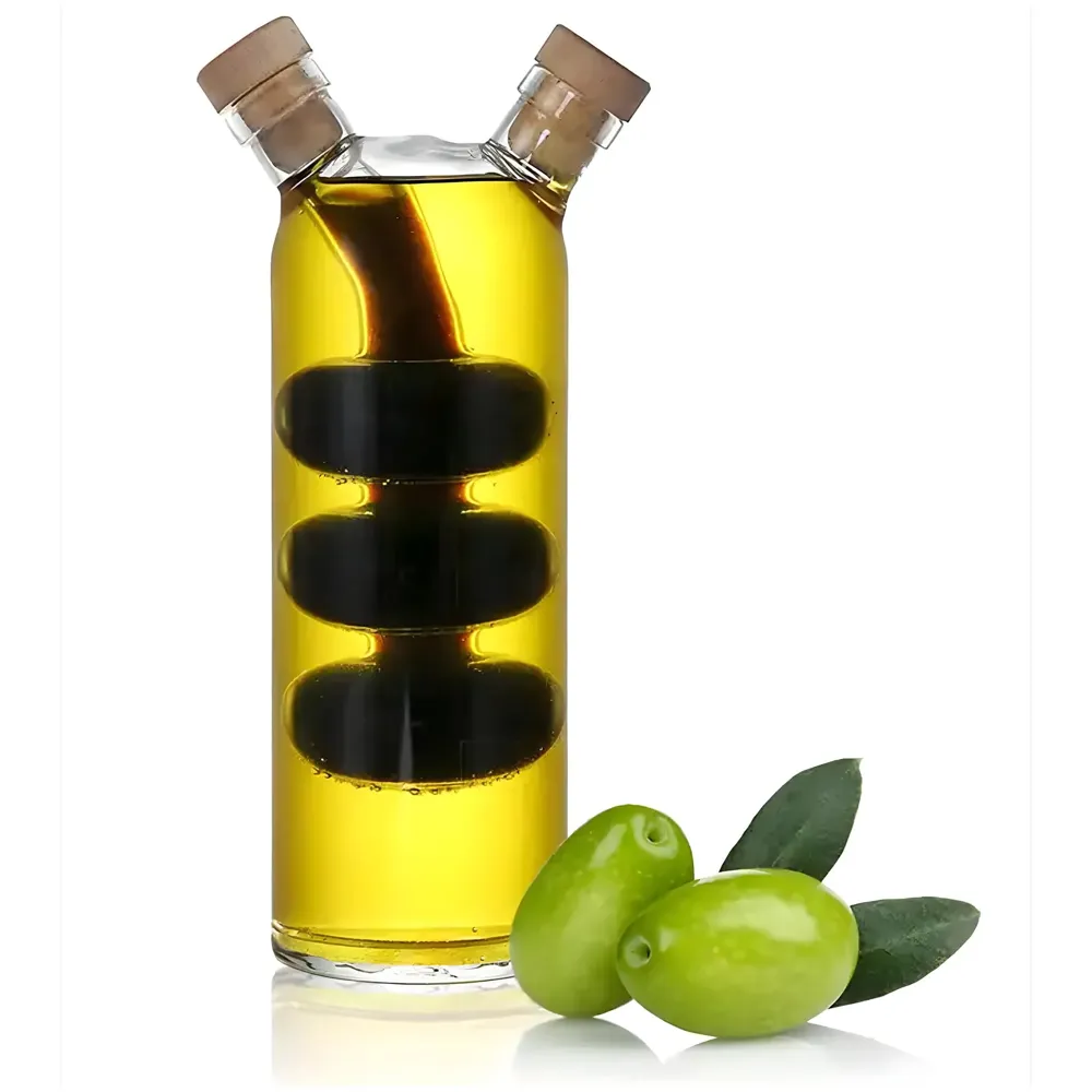 Oil and Vinegar Cruet Set Dispenser Set, 2-In-1 Double Layer Glass Olive Oil Bottle with Cork Stoppers, Pourer Spout Stoppers Oil Cruet Jar for Cooking