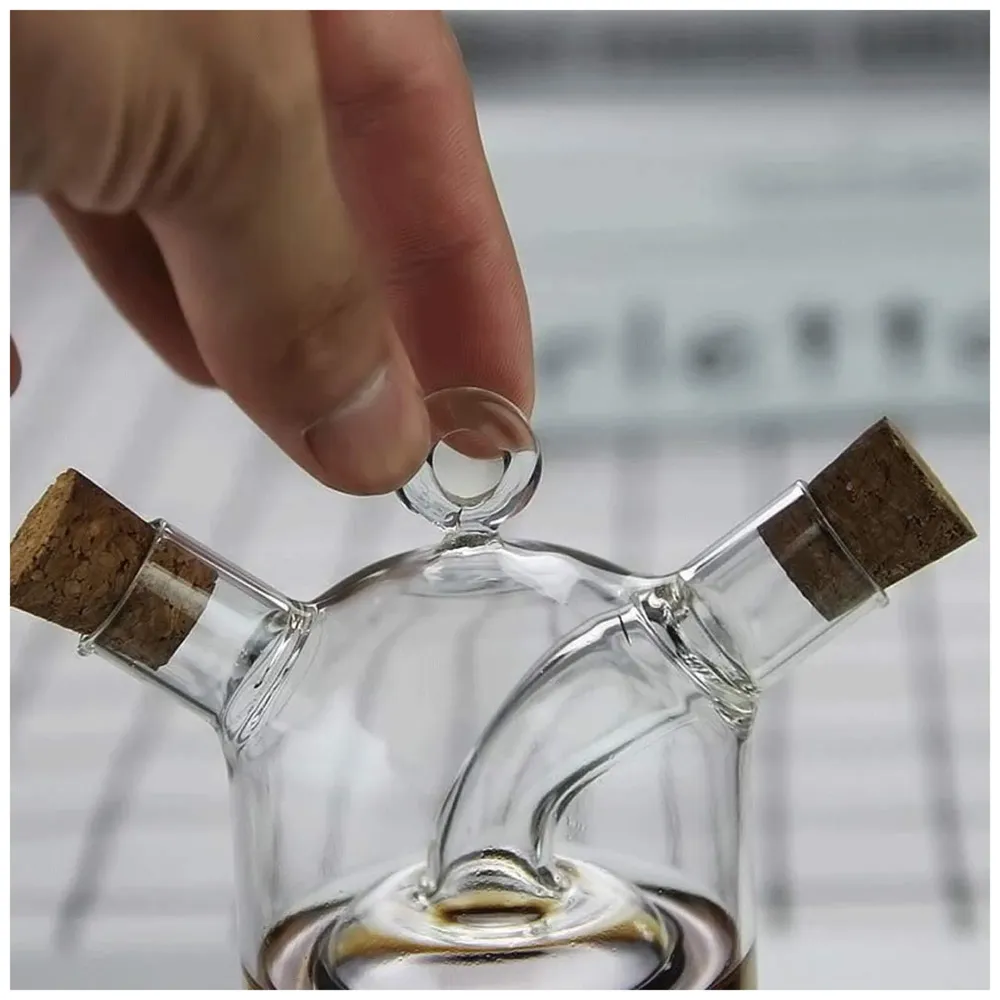 Oil and Vinegar Cruet Set Dispenser Set, 2-In-1 Double Layer Glass Olive Oil Bottle with Cork Stoppers, Pourer Spout Stoppers Oil Cruet Jar for Cooking