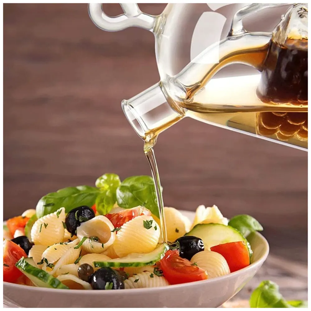 Oil and Vinegar Cruet Set Dispenser Set, 2-In-1 Double Layer Glass Olive Oil Bottle with Cork Stoppers, Pourer Spout Stoppers Oil Cruet Jar for Cooking Grape