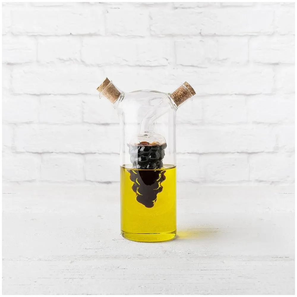 Oil and Vinegar Cruet Set Dispenser Set, 2-In-1 Double Layer Glass Olive Oil Bottle with Cork Stoppers, Pourer Spout Stoppers Oil Cruet Jar for Cooking Grape