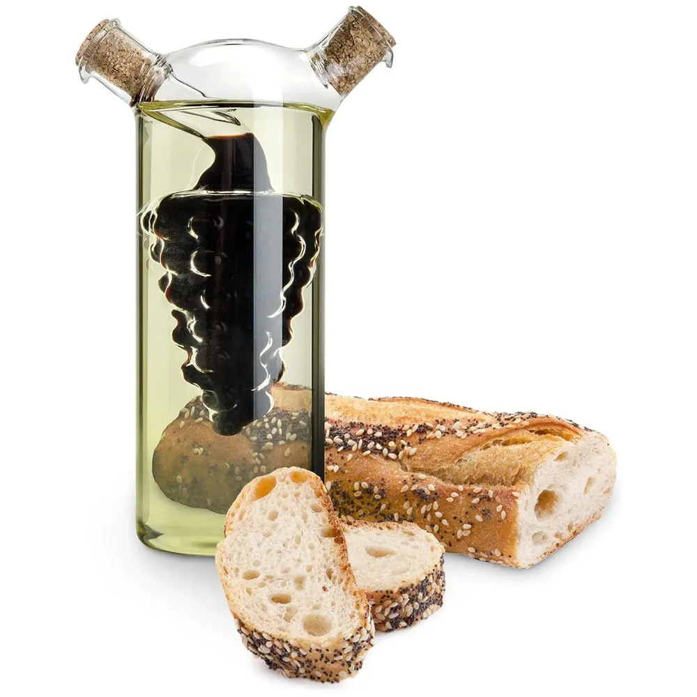 Oil and Vinegar Cruet Set Dispenser Set, 2-In-1 Double Layer Glass Olive Oil Bottle with Cork Stoppers, Pourer Spout Stoppers Oil Cruet Jar for Cooking Grape