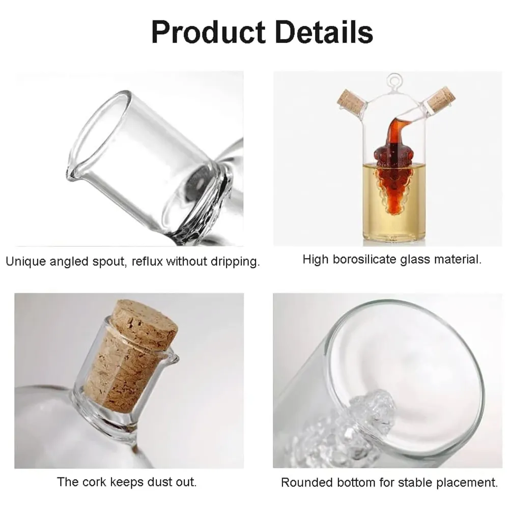 Oil and Vinegar Cruet Set Dispenser Set, 2-In-1 Double Layer Glass Olive Oil Bottle with Cork Stoppers, Pourer Spout Stoppers Oil Cruet Jar for Cooking Grape