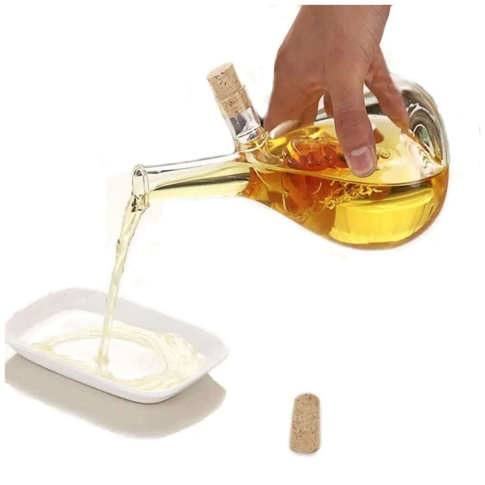 Oil and Vinegar Cruet Set Dispenser Set, 2-In-1 Double Layer Glass Olive Oil Bottle with Cork Stoppers, Pourer Spout Stoppers Oil Cruet Jar for Cooking Round Grape - 2