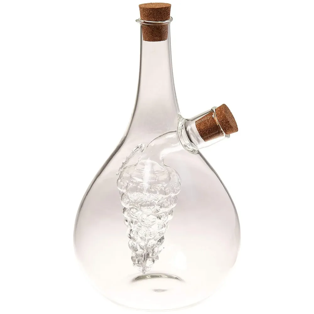 Oil and Vinegar Cruet Set Dispenser Set, 2-In-1 Double Layer Glass Olive Oil Bottle with Cork Stoppers, Pourer Spout Stoppers Oil Cruet Jar for Cooking Round Grape - 4