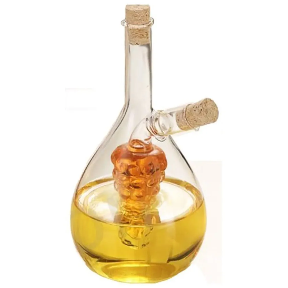 Oil and Vinegar Cruet Set Dispenser Set, 2-In-1 Double Layer Glass Olive Oil Bottle with Cork Stoppers, Pourer Spout Stoppers Oil Cruet Jar for Cooking Round Grape - 6
