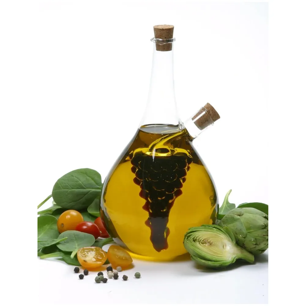 Oil and Vinegar Cruet Set Dispenser Set, 2-In-1 Double Layer Glass Olive Oil Bottle with Cork Stoppers, Pourer Spout Stoppers Oil Cruet Jar for Cooking Round Grape - 8