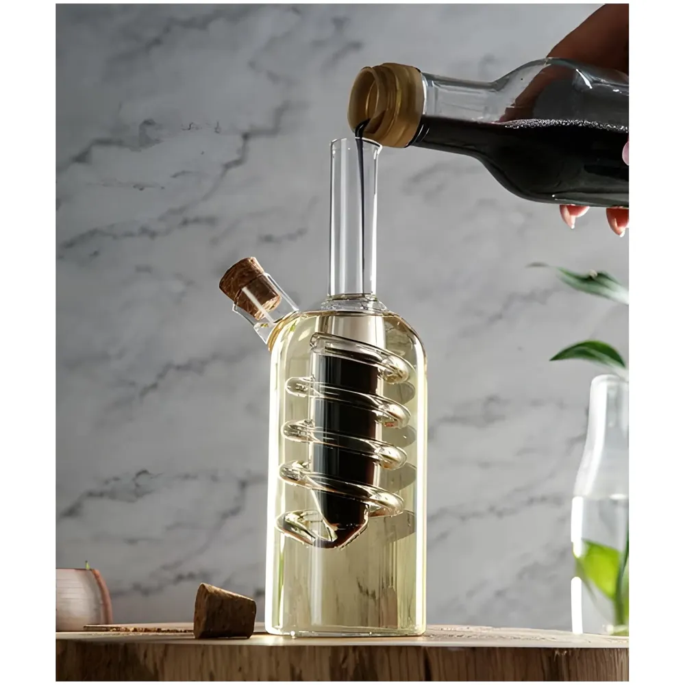 Oil and Vinegar Cruet Set Dispenser Set, 2-In-1 Double Layer Glass Olive Oil Bottle with Cork Stoppers, Pourer For Restaurants And Homes - 17cm x 9 cm