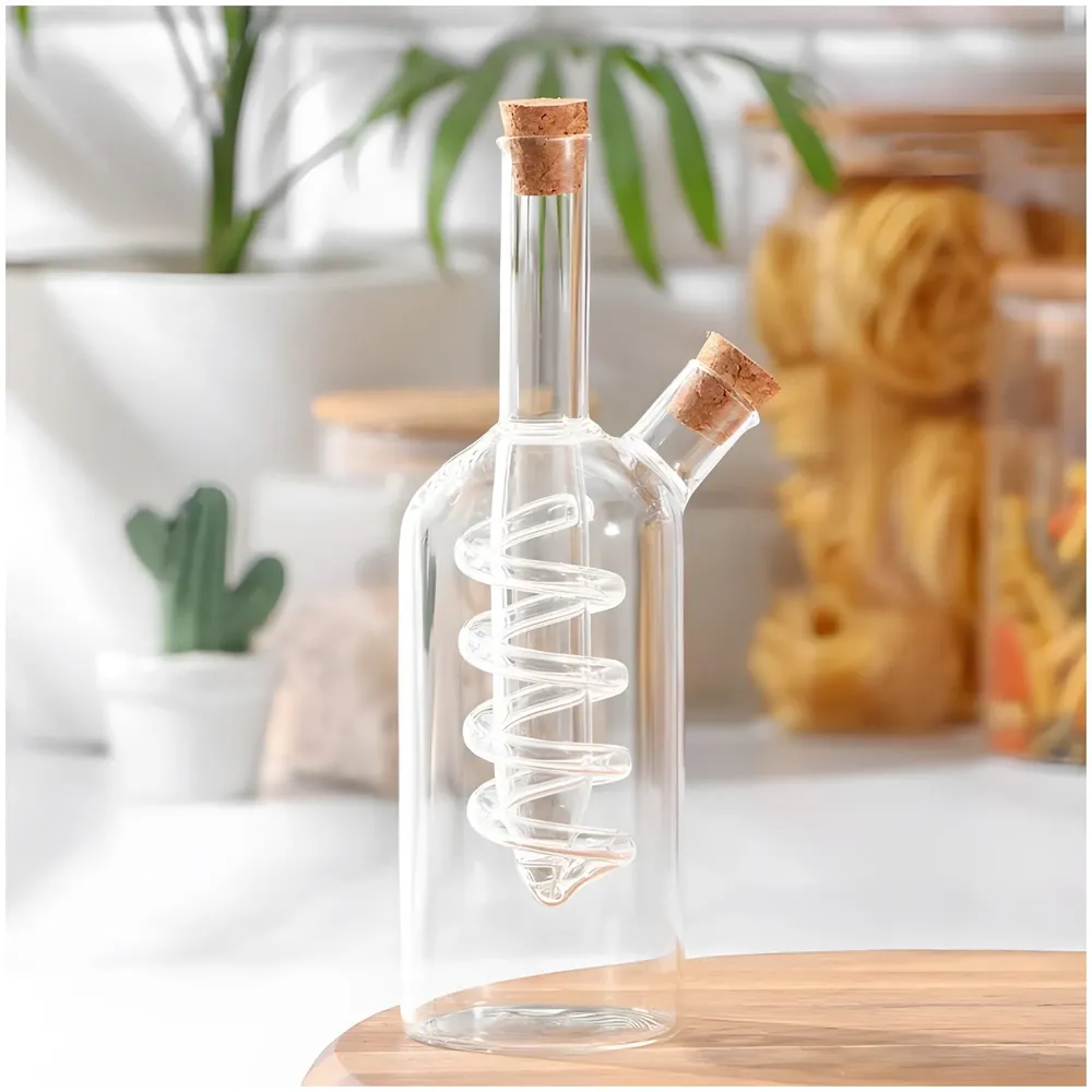 Oil and Vinegar Cruet Set Dispenser Set, 2-In-1 Double Layer Glass Olive Oil Bottle with Cork Stoppers, Pourer For Restaurants And Homes - 17cm x 9 cm