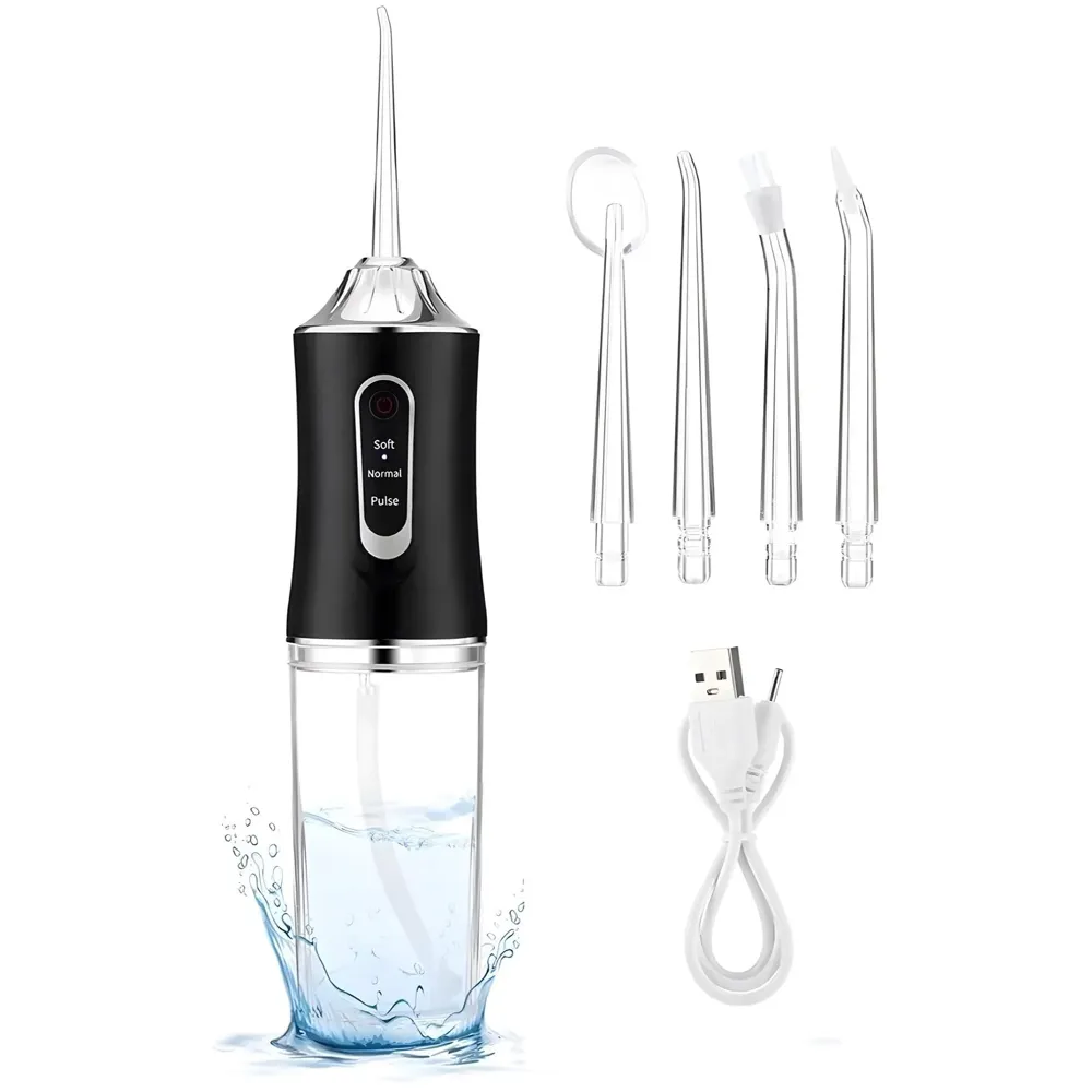 Black Water Flosser Portable Dental Water Jet Oral Teeth Irrigator Waterproof Tooth Cleaner Water Flosser Oral Flosser 3 Modes And 4 Nozzels 220 ML