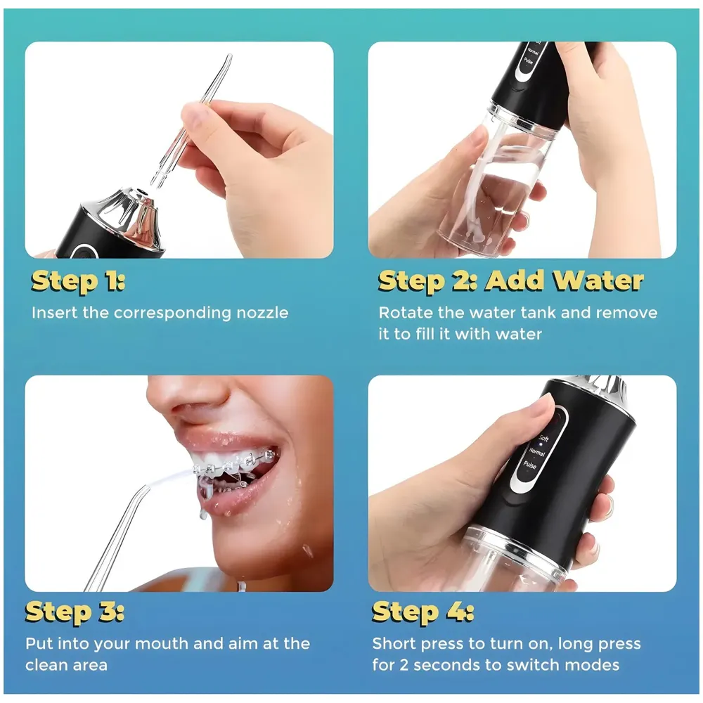 Black Water Flosser Portable Dental Water Jet Oral Teeth Irrigator Waterproof Tooth Cleaner Water Flosser Oral Flosser 3 Modes And 4 Nozzels 220 ML