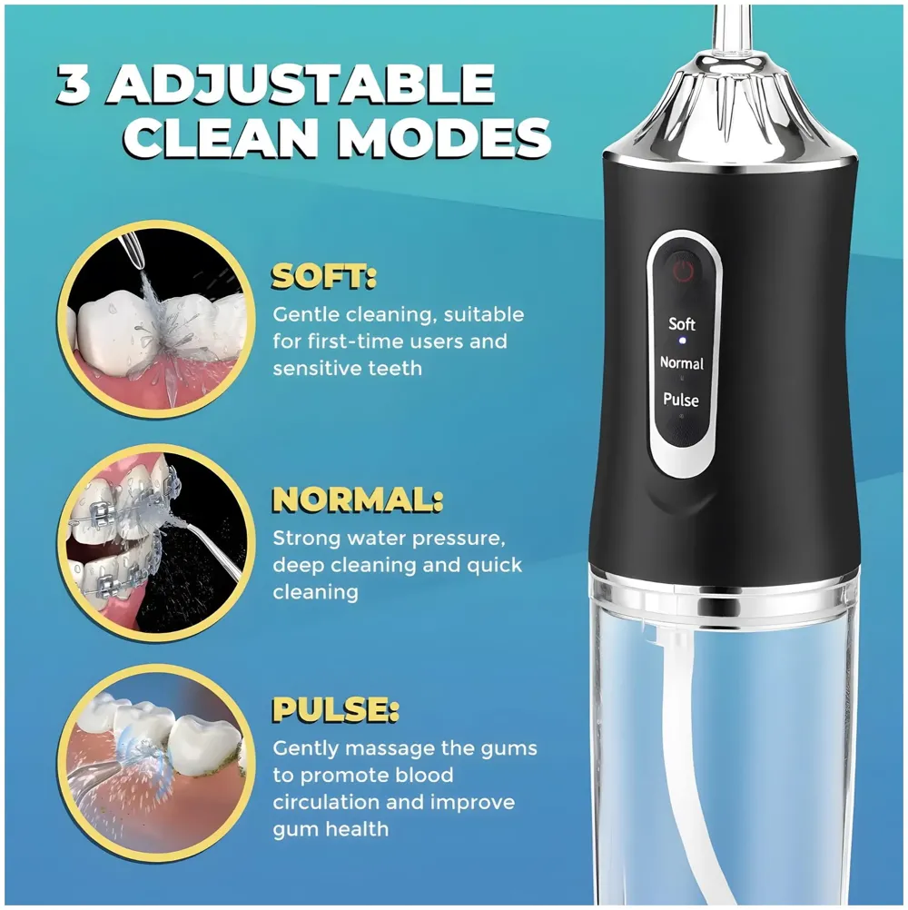 Black Water Flosser Portable Dental Water Jet Oral Teeth Irrigator Waterproof Tooth Cleaner Water Flosser Oral Flosser 3 Modes And 4 Nozzels 220 ML