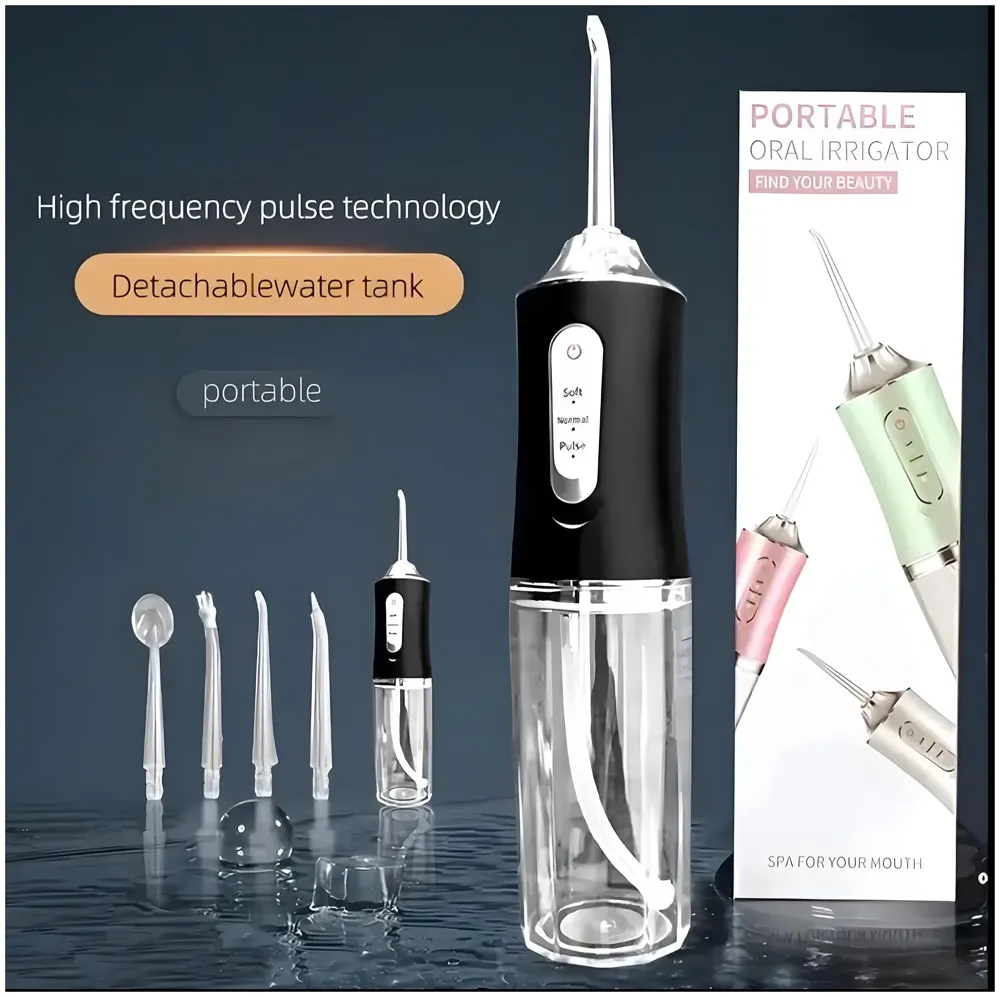 Black Water Flosser Portable Dental Water Jet Oral Teeth Irrigator Waterproof Tooth Cleaner Water Flosser Oral Flosser 3 Modes And 4 Nozzels 220 ML